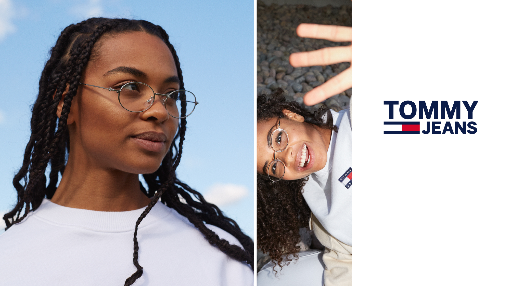 Mujeres haciendo uso de gafas de vista TOMMY JEANS 0048. Imagen de campaña SS21. Distribuidor exclusivo para Colombia Eleven Group.